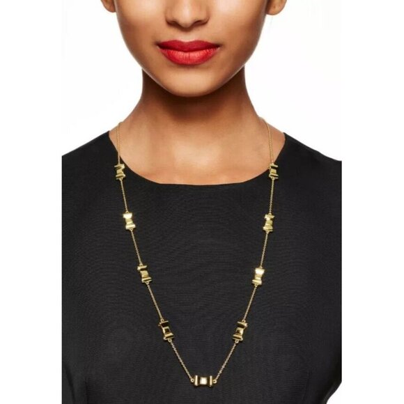 KATE SPADE Take a Bow 24K Gold Plated Station Scatter Bows Long Necklace - Picture 12 of 13